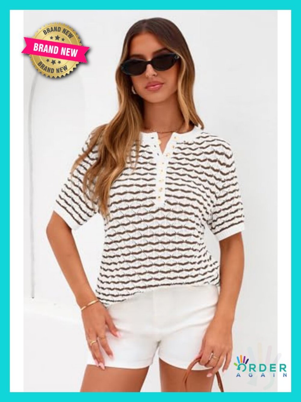 PRETTYGARDEN Womens Summer Striped Short Sleeve Sweater Button Henley Top - Picture 3 of 6